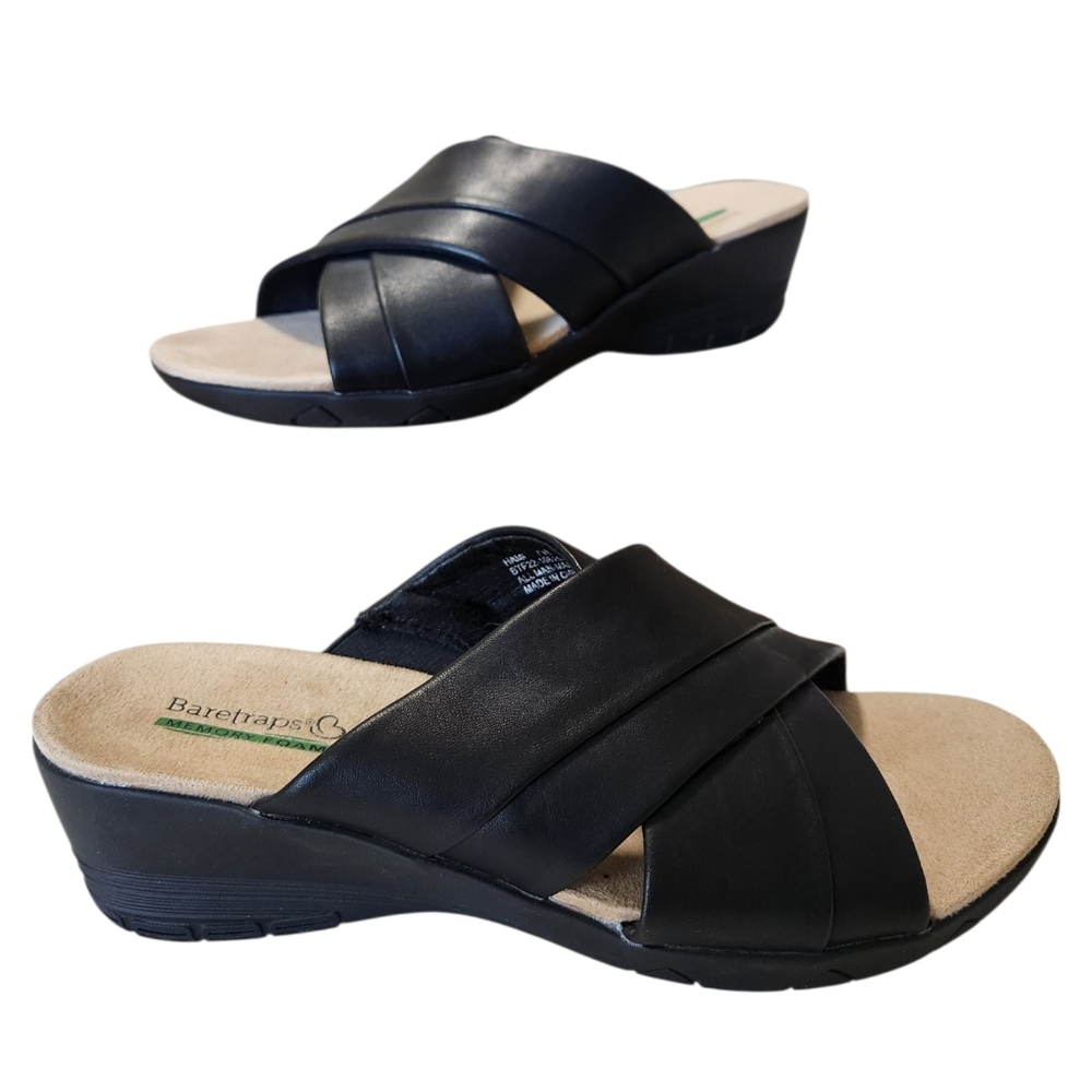 Baretraps MEMORY FOAM Slip On Black Vegan Leather Wedge Sandal Size 7M NWOT